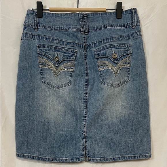Y2K Stretchy Light Blue Denim Pencil Skirt w/ Embroidered Rhinestone Pockets 10 - Picture 1 of 12